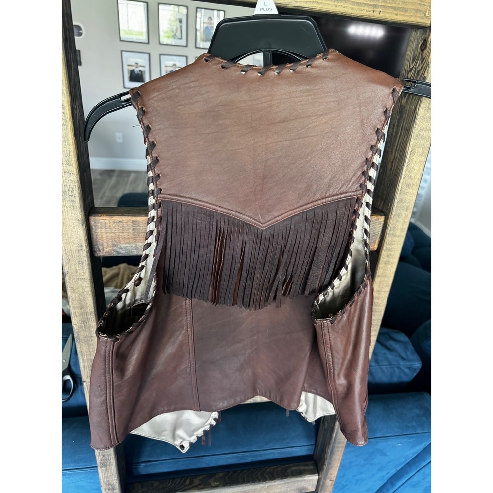 Vintage Bull Genuine Leather Western Fringe Vest Southwestern Whipstitch Mens L - Picture 10 of 15